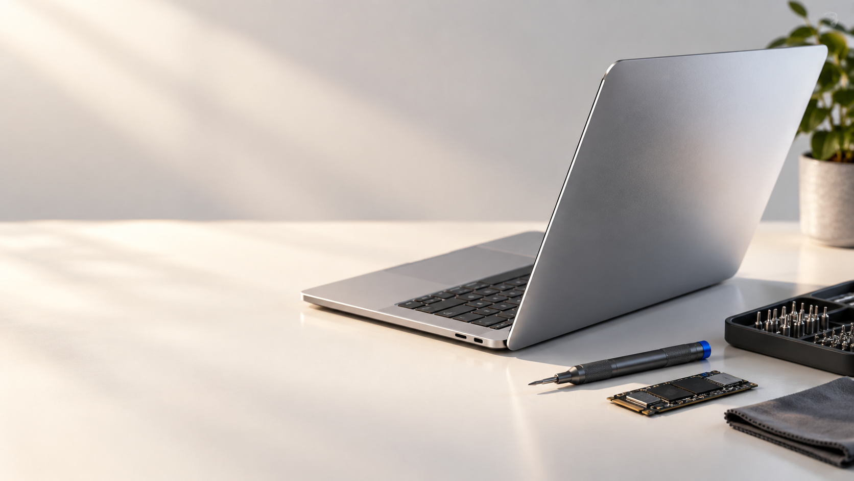 Silver laptop and precision repair tools on a clean work surface