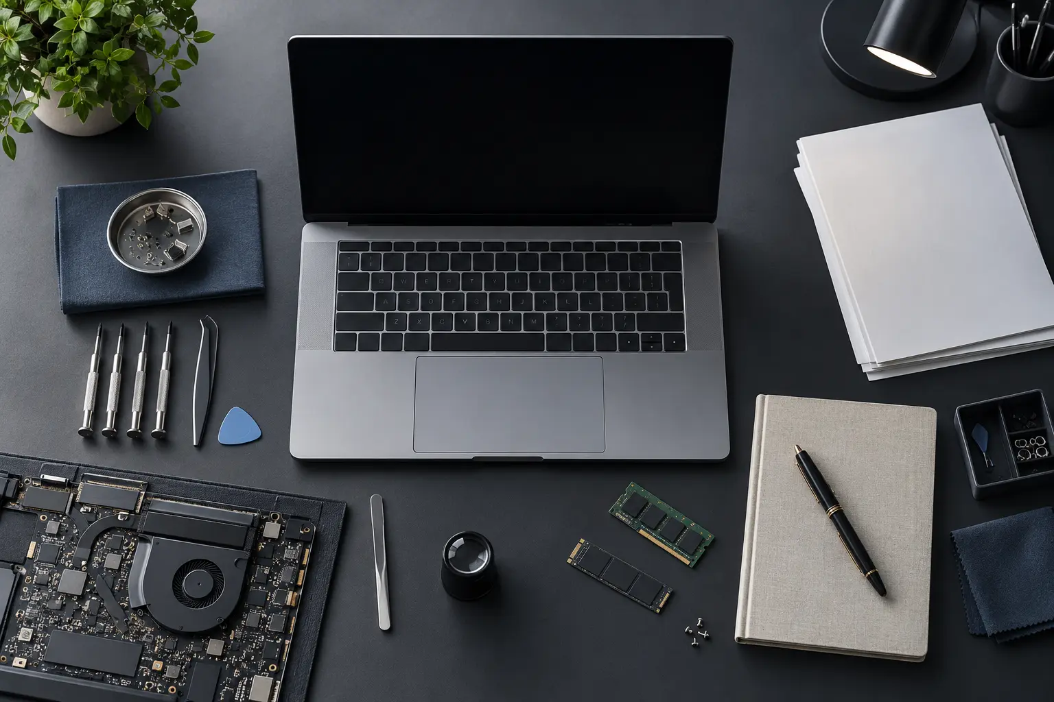 Premium repair workbench scene specifically illustrating Blog service in Tampa