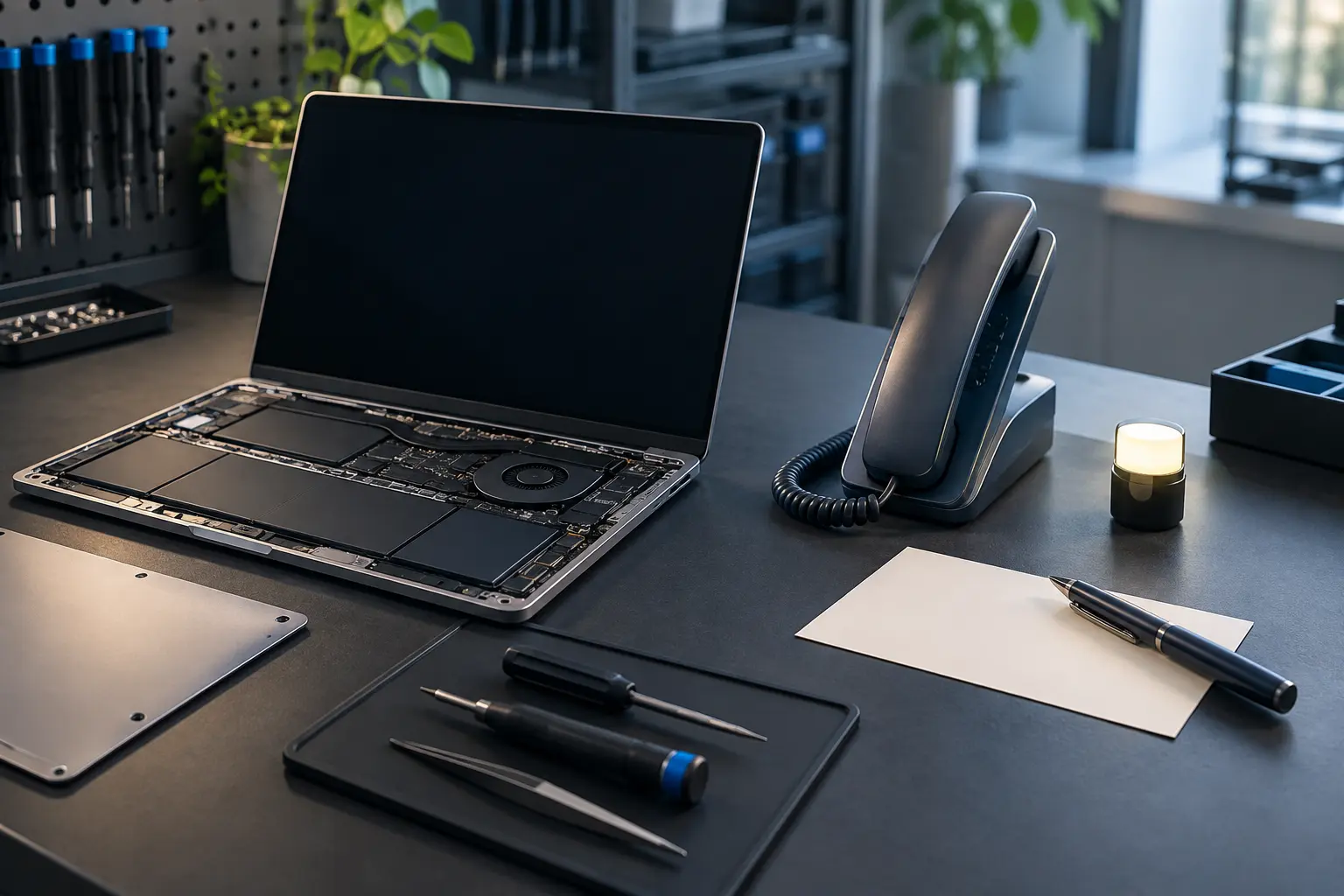 Premium repair workbench scene specifically illustrating Contact service in Tampa