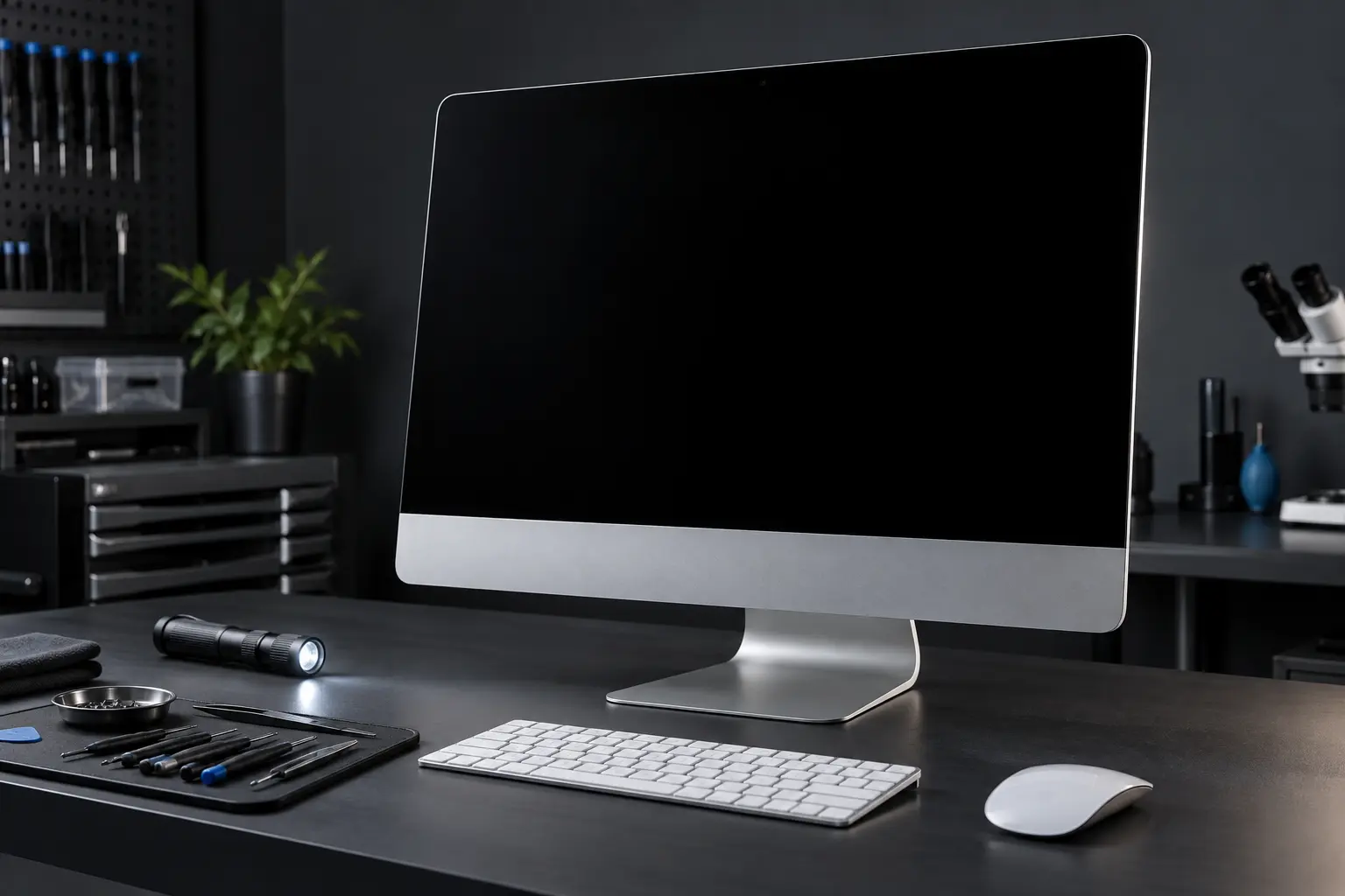 Premium repair workbench scene specifically illustrating iMac Black Screen service in Tampa