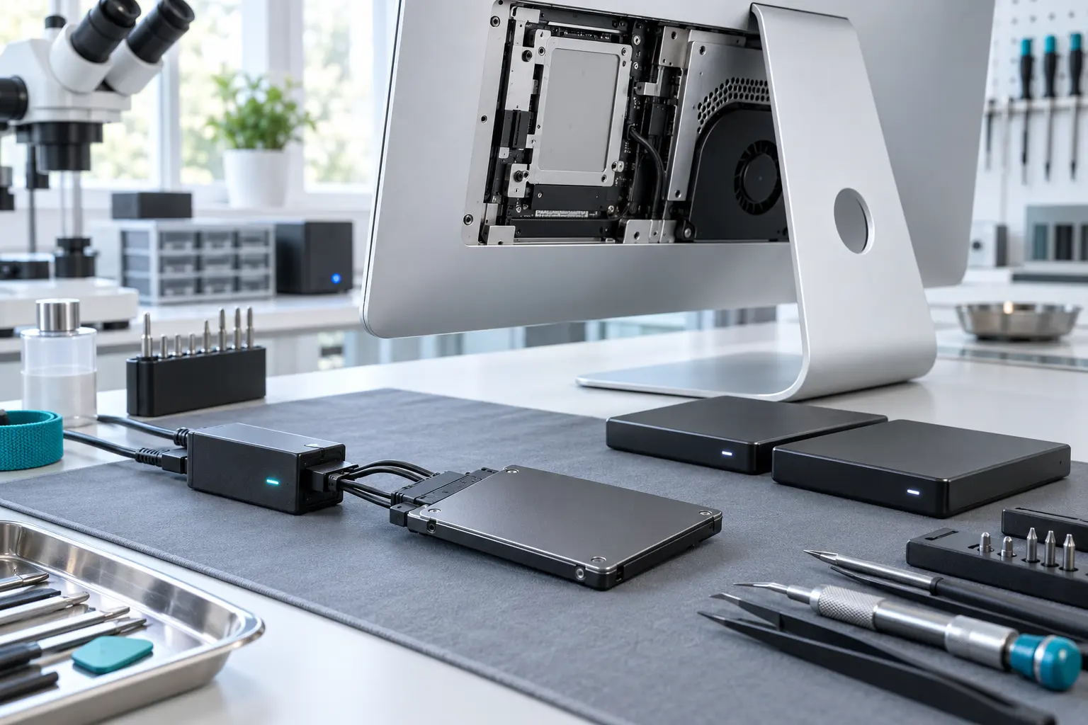 Diagnostic scene illustrating iMac data recovery guide guidance