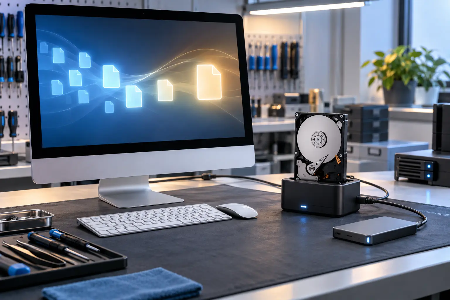 Premium repair workbench scene specifically illustrating iMac Data Recovery Guide service in Tampa