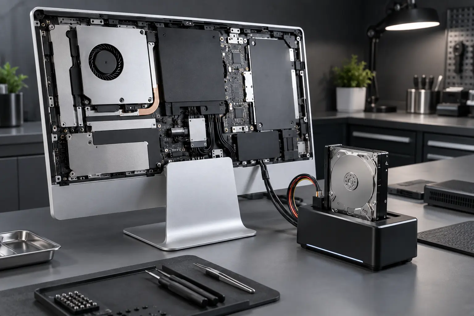 Premium repair workbench scene specifically illustrating iMac Data Recovery service in Tampa