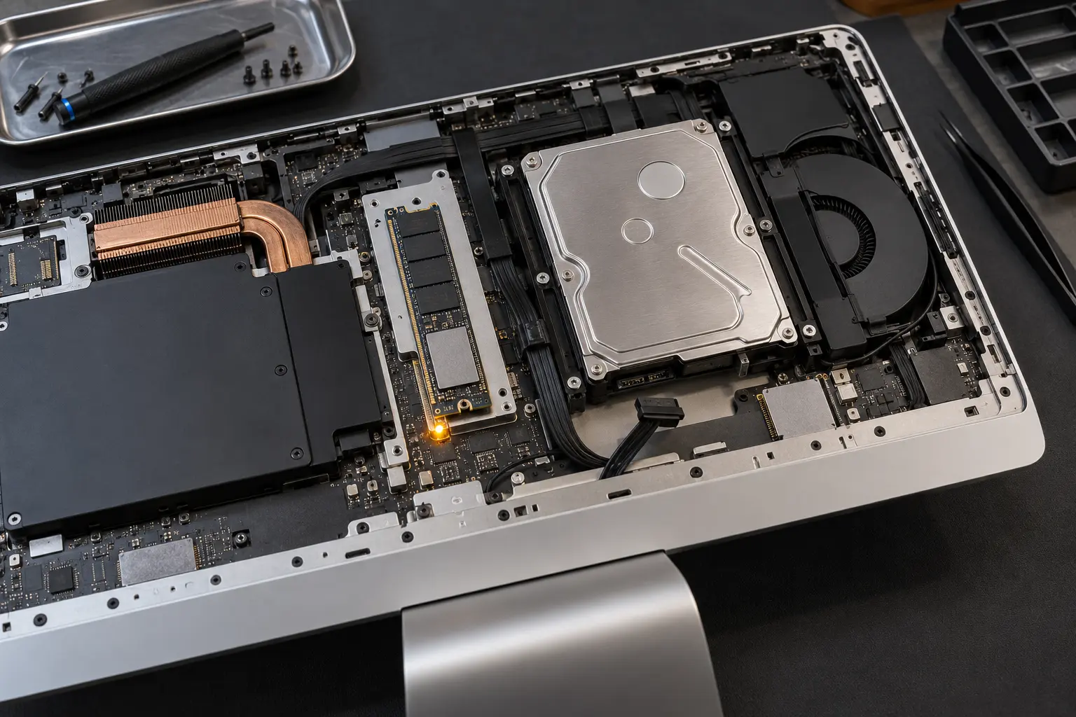 Diagnostic scene illustrating iMac fusion drive failure guidance