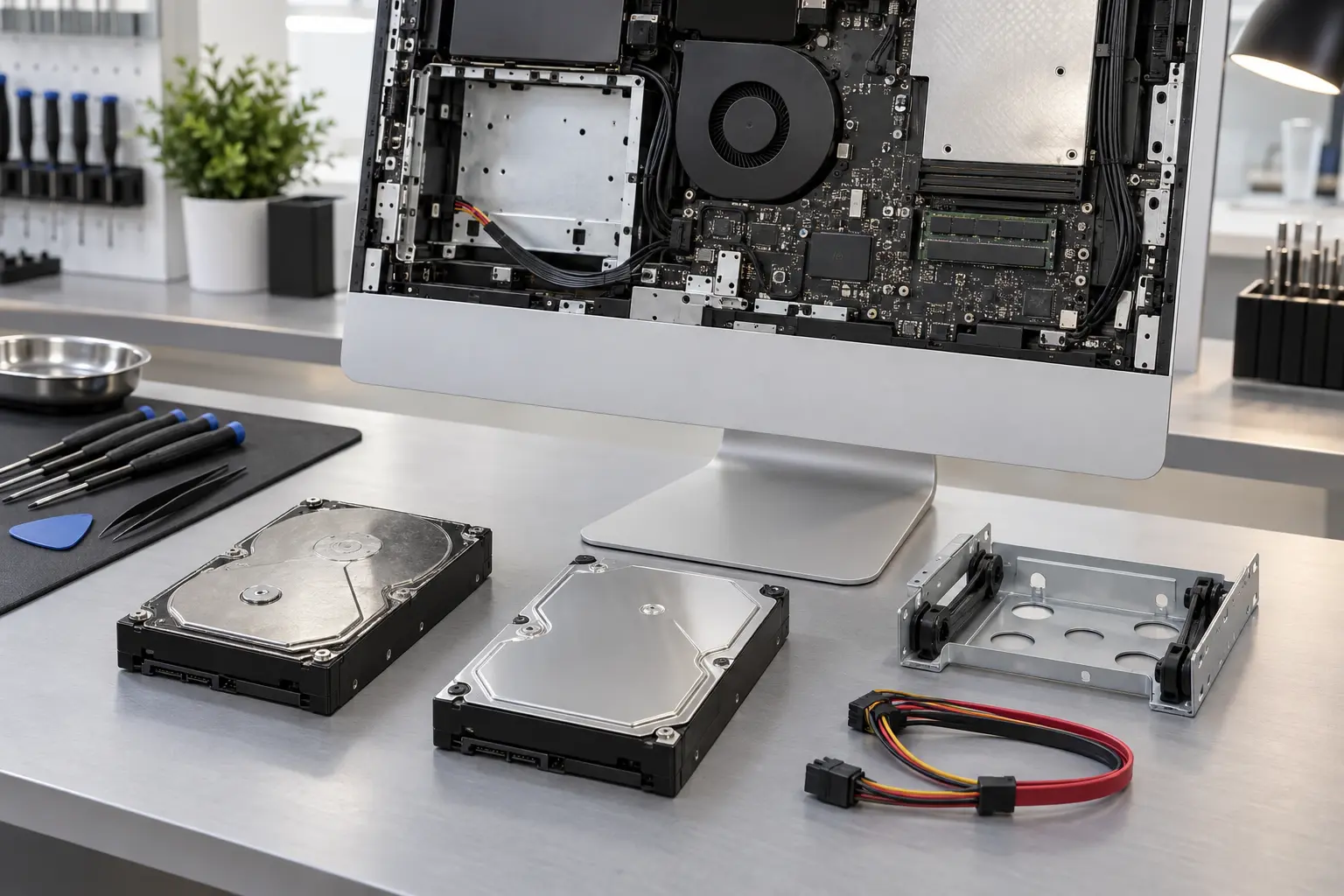 Premium repair workbench scene specifically illustrating iMac Hard Drive Replacement service in Tampa