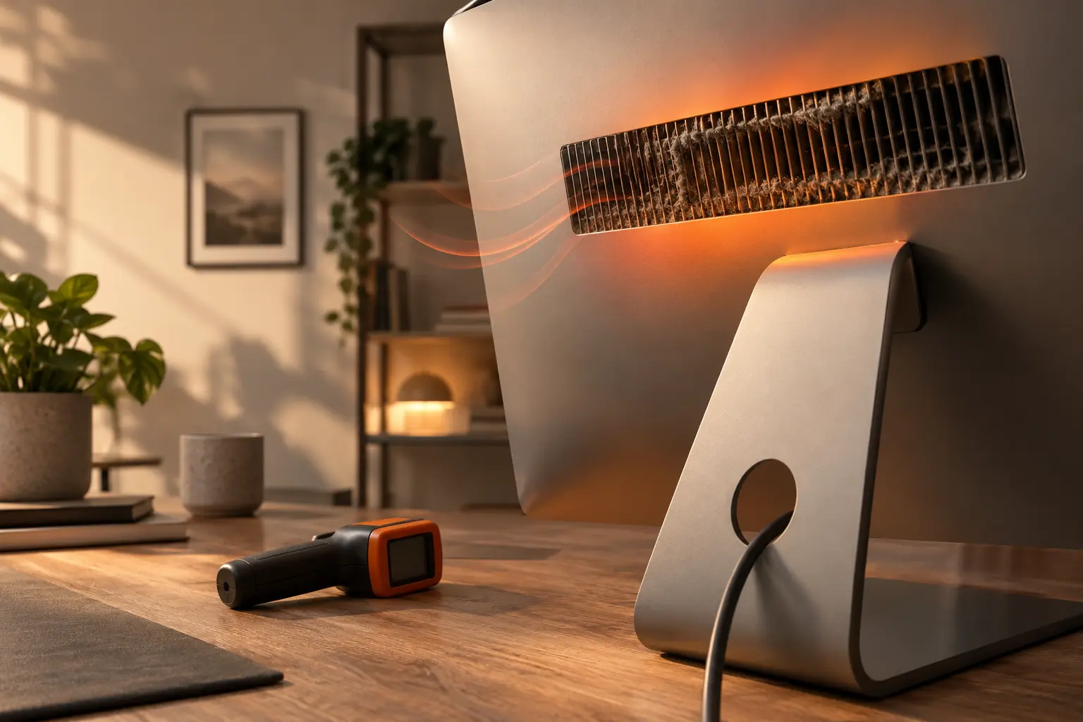 Diagnostic scene illustrating iMac loud fan overheating guidance