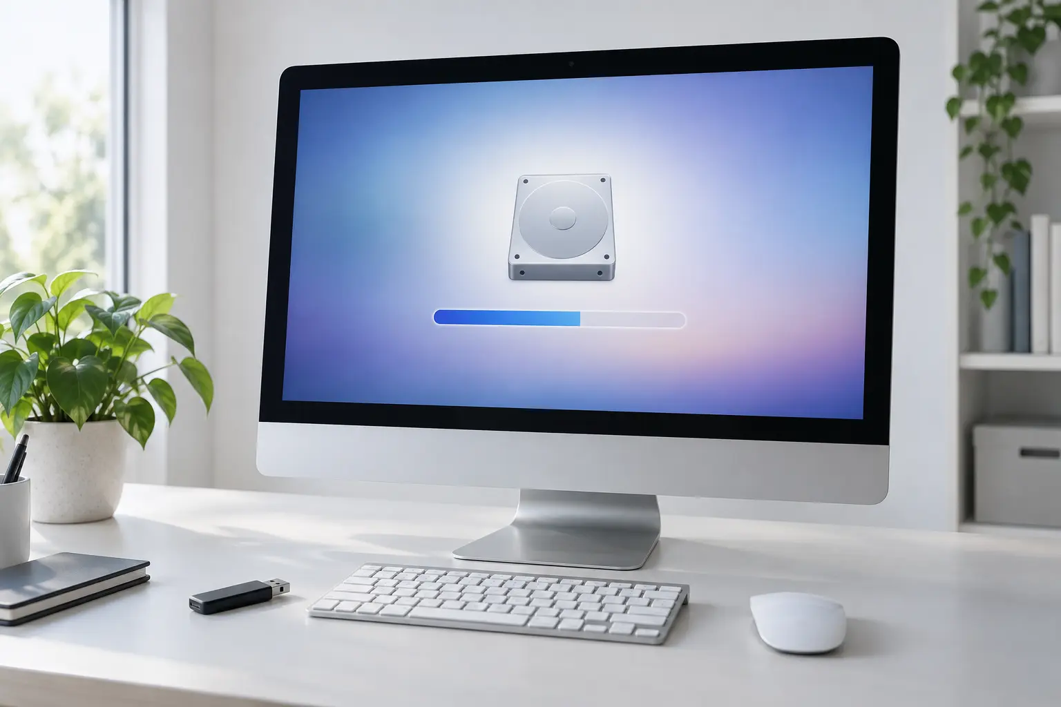 Premium repair workbench scene specifically illustrating iMac macOS Reinstall Guide service in Tampa