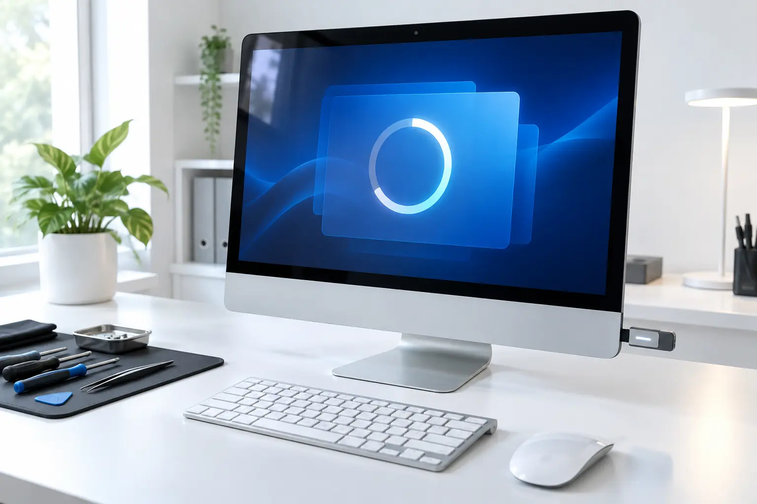 Premium repair workbench scene specifically illustrating iMac macOS Reinstall service in Tampa