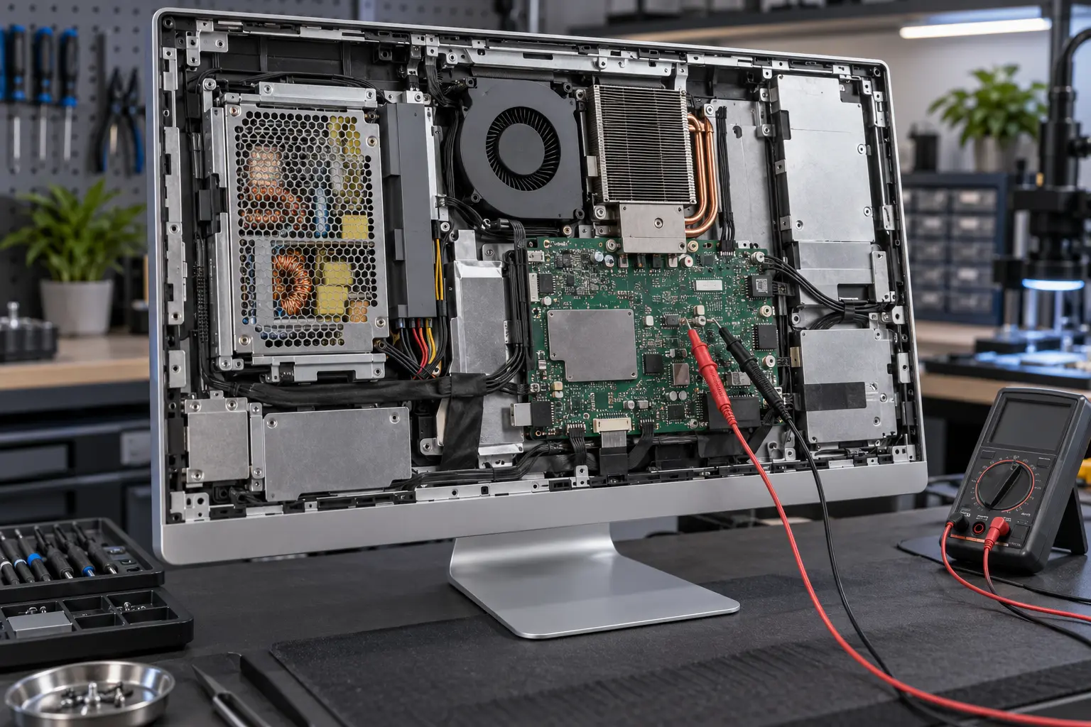 Open iMac power supply and logic board undergoing voltage diagnosis