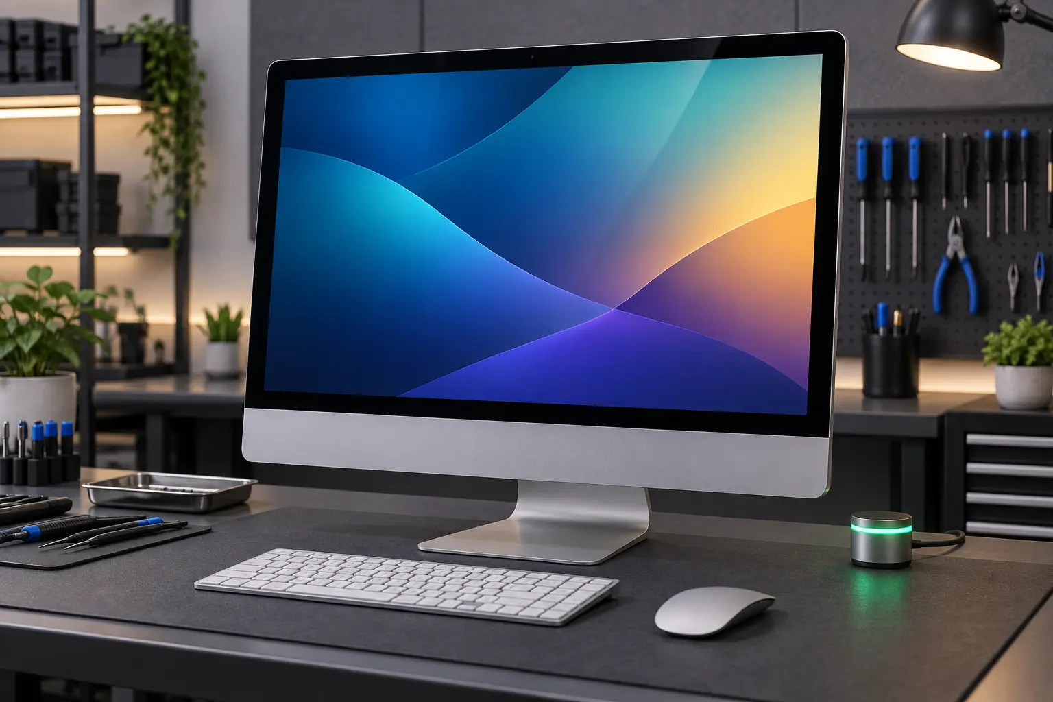 Reassembled iMac completing a final power-on test