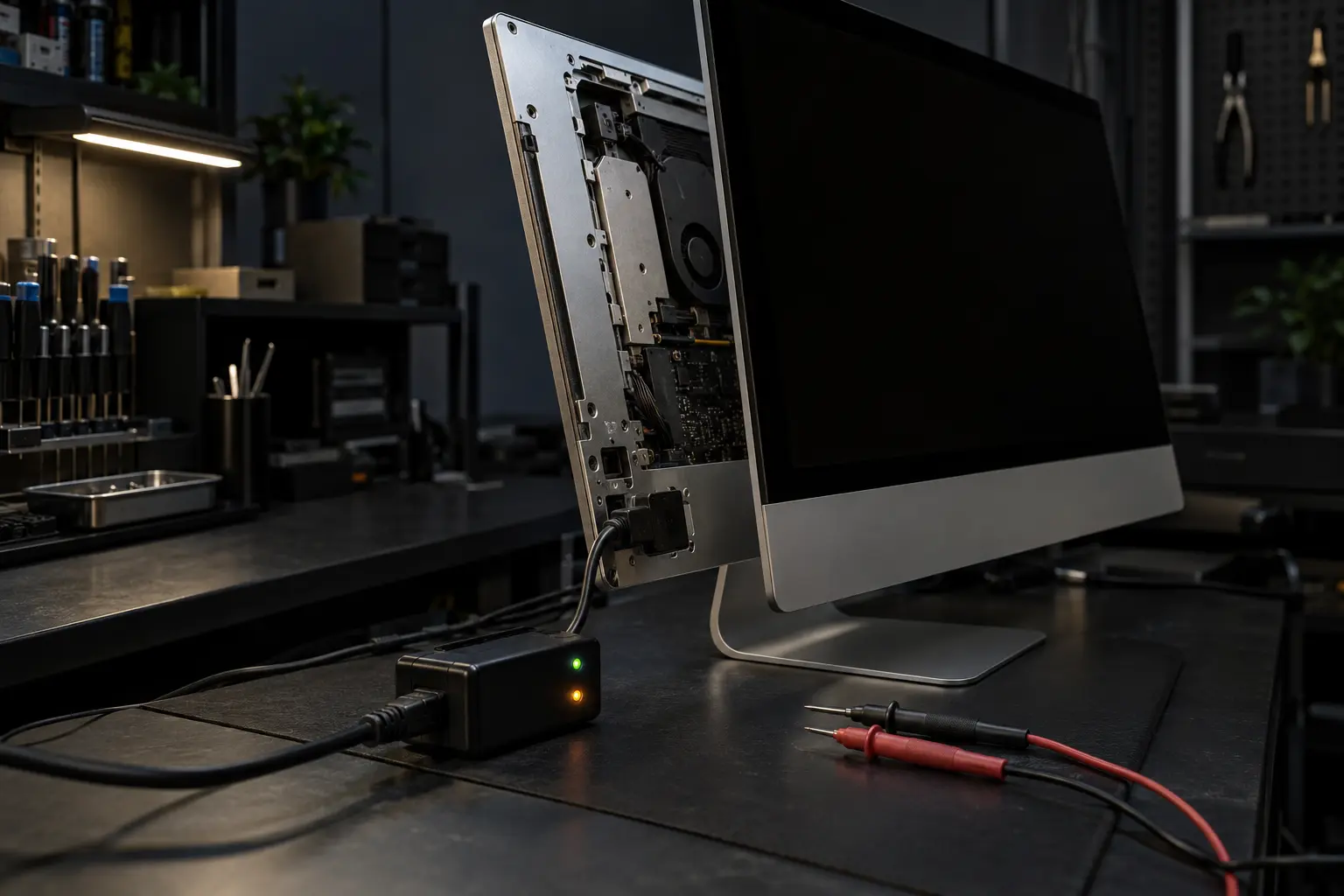 Premium repair workbench scene specifically illustrating iMac Not Turning On Repair service in Tampa