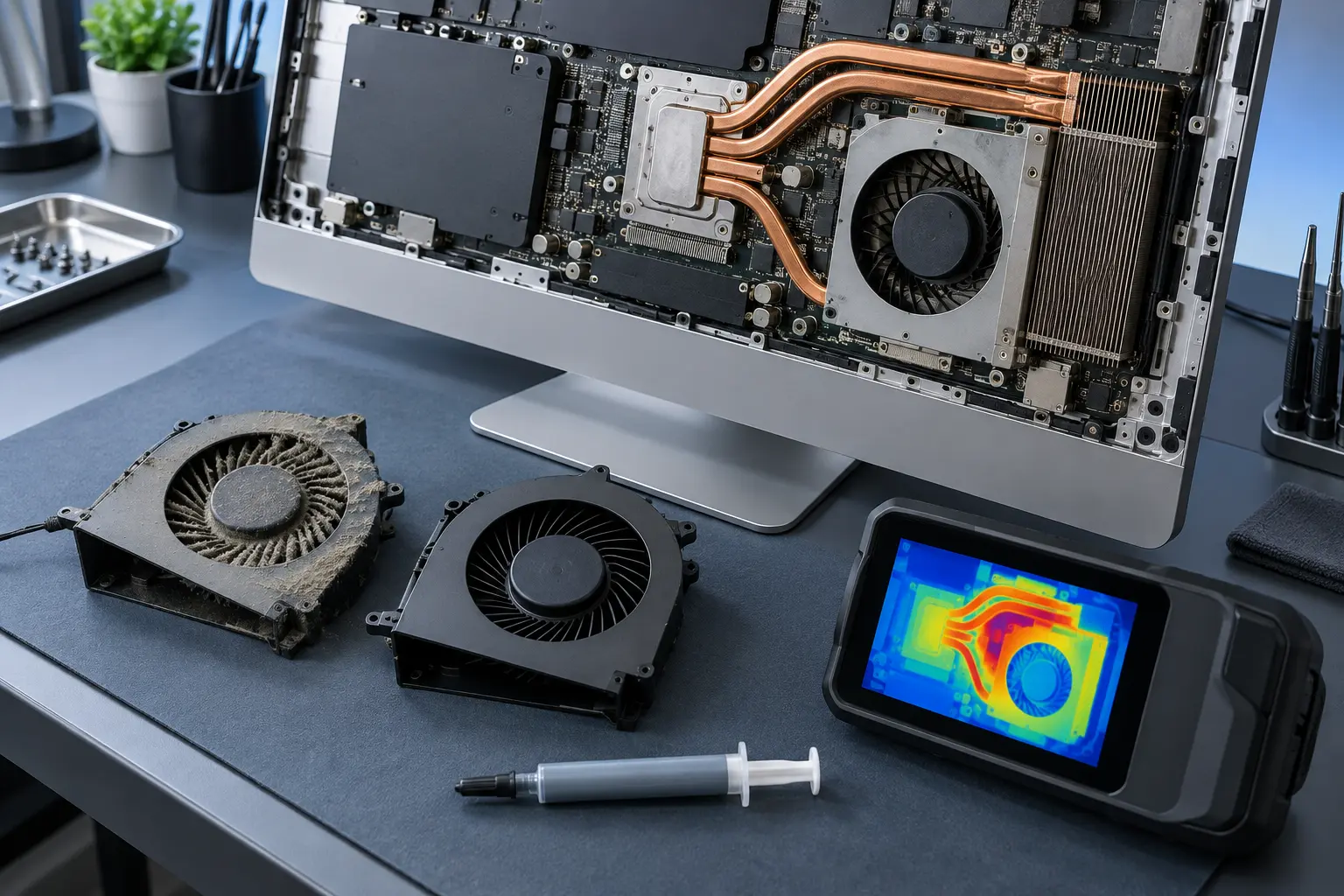 Premium repair workbench scene specifically illustrating iMac Overheating Repair service in Tampa