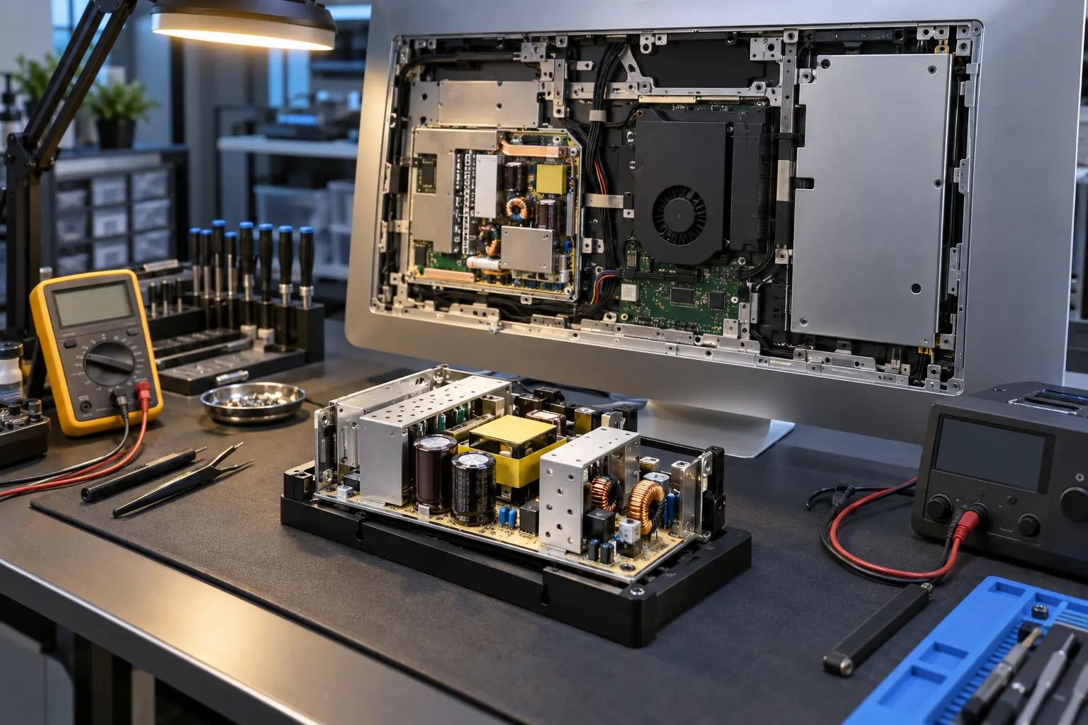 Premium repair workbench scene specifically illustrating iMac Power Supply Repair service in Tampa