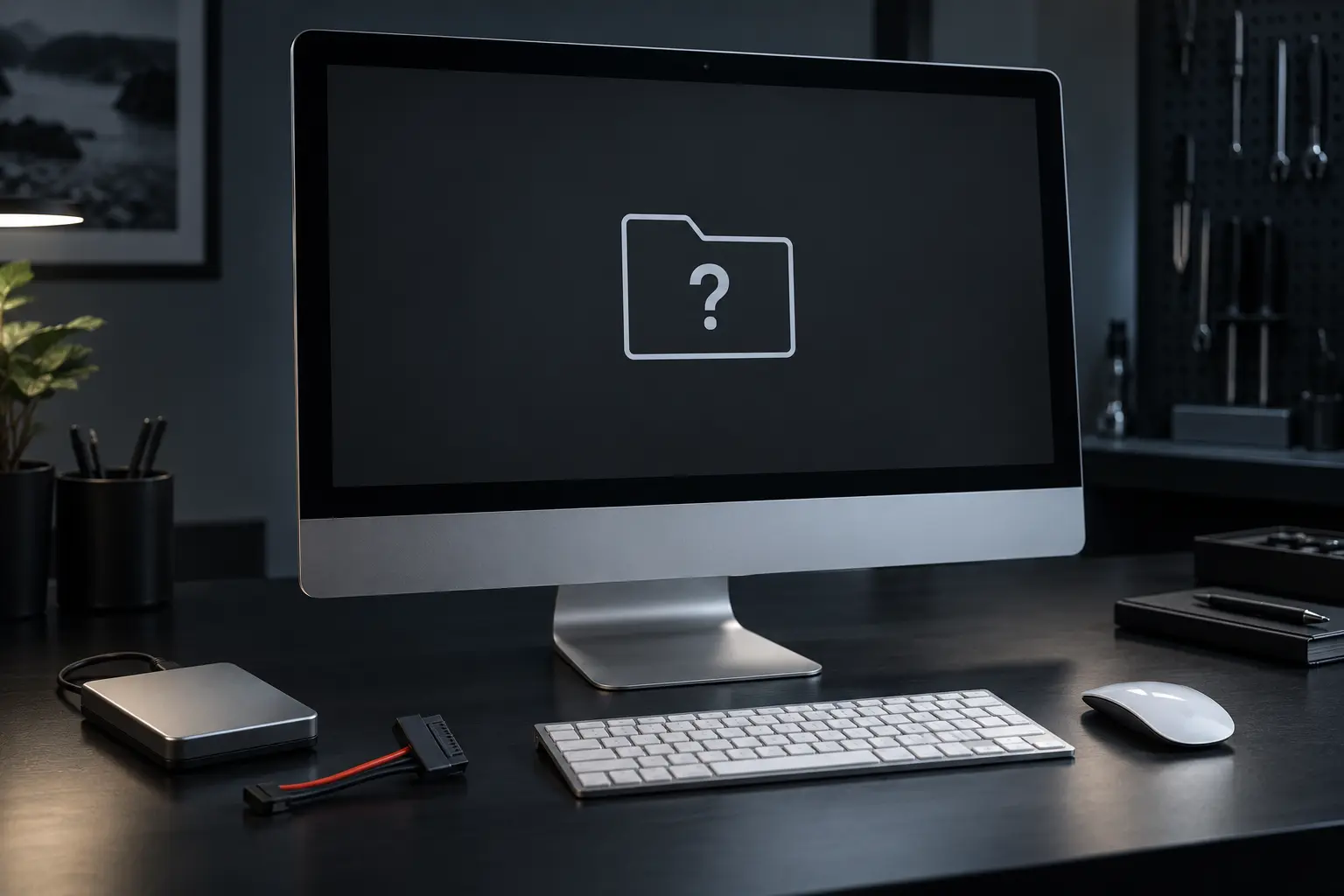 Premium repair workbench scene specifically illustrating iMac Question Mark Folder service in Tampa