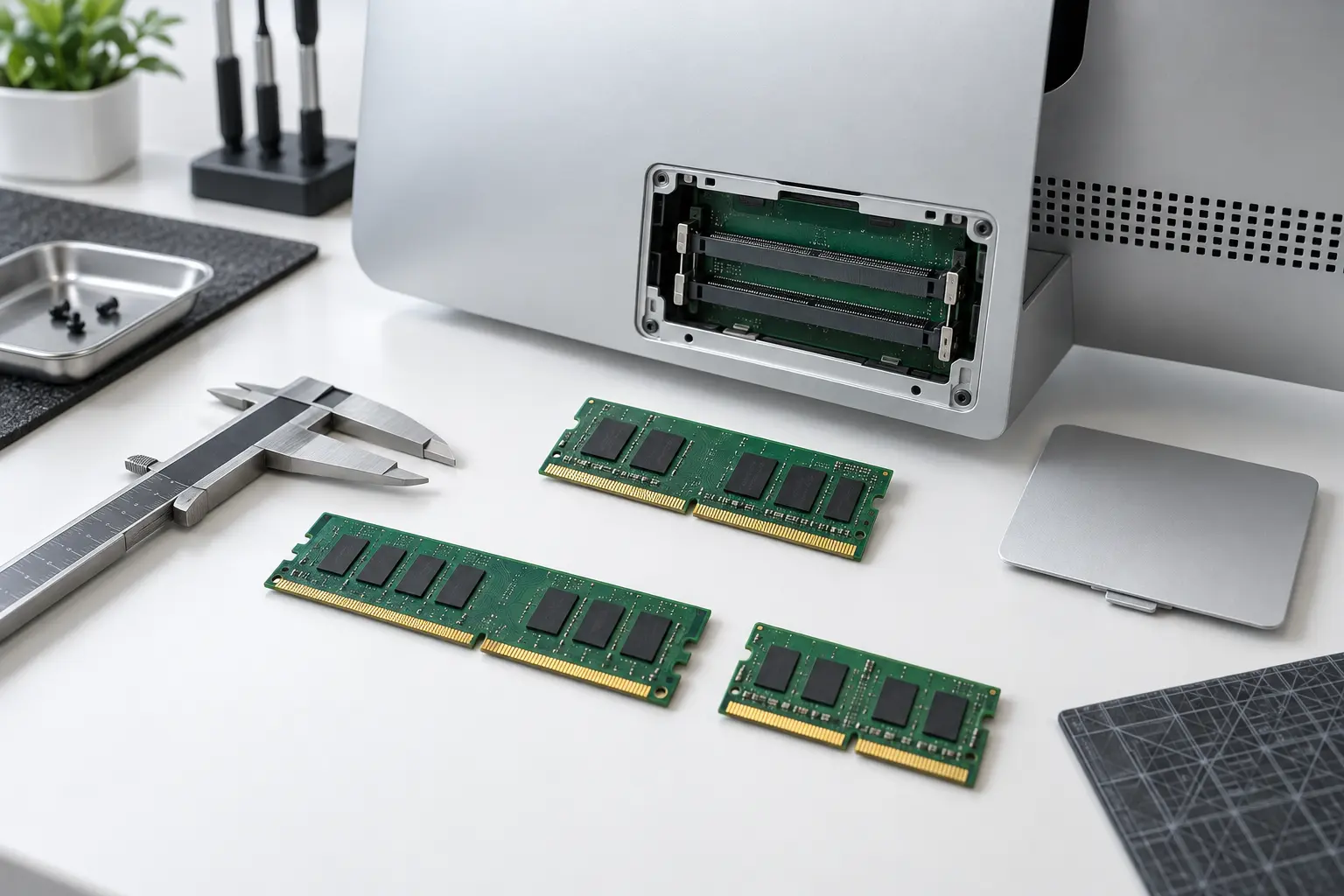 Diagnostic scene illustrating iMac RAM upgrade compatibility guidance