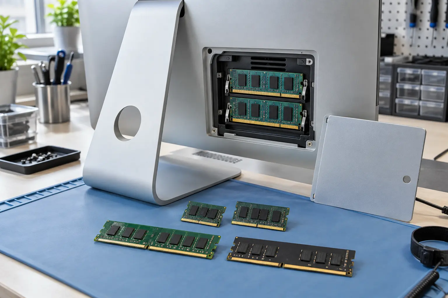 Premium repair workbench scene specifically illustrating iMac RAM Upgrade Compatibility service in Tampa