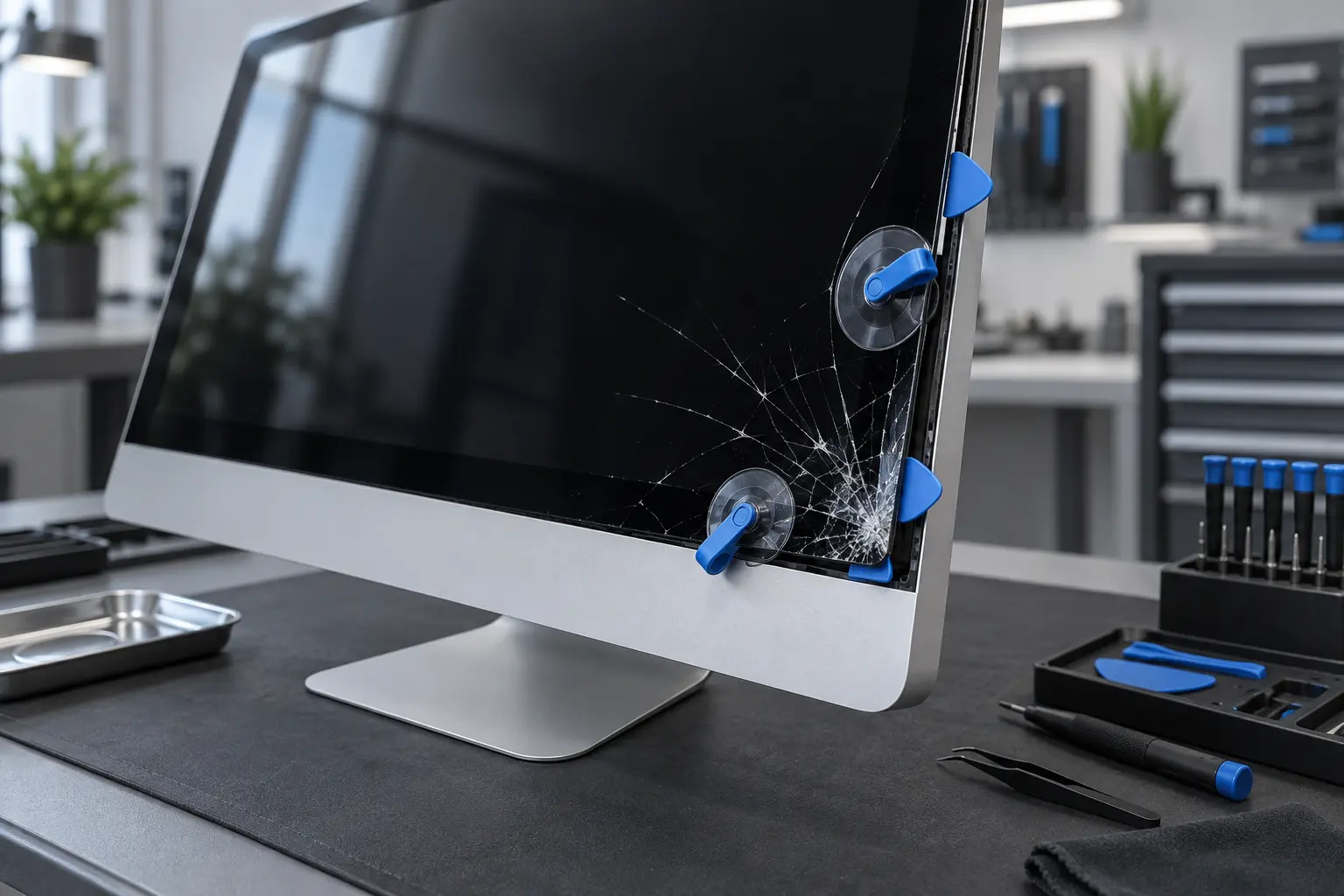 Cracked iMac display prepared for controlled adhesive separation
