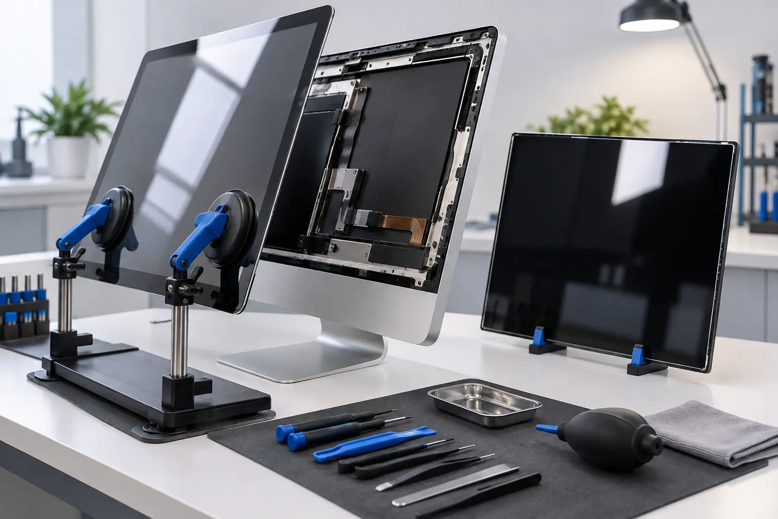 Premium repair workbench scene specifically illustrating iMac Screen Replacement service in Tampa