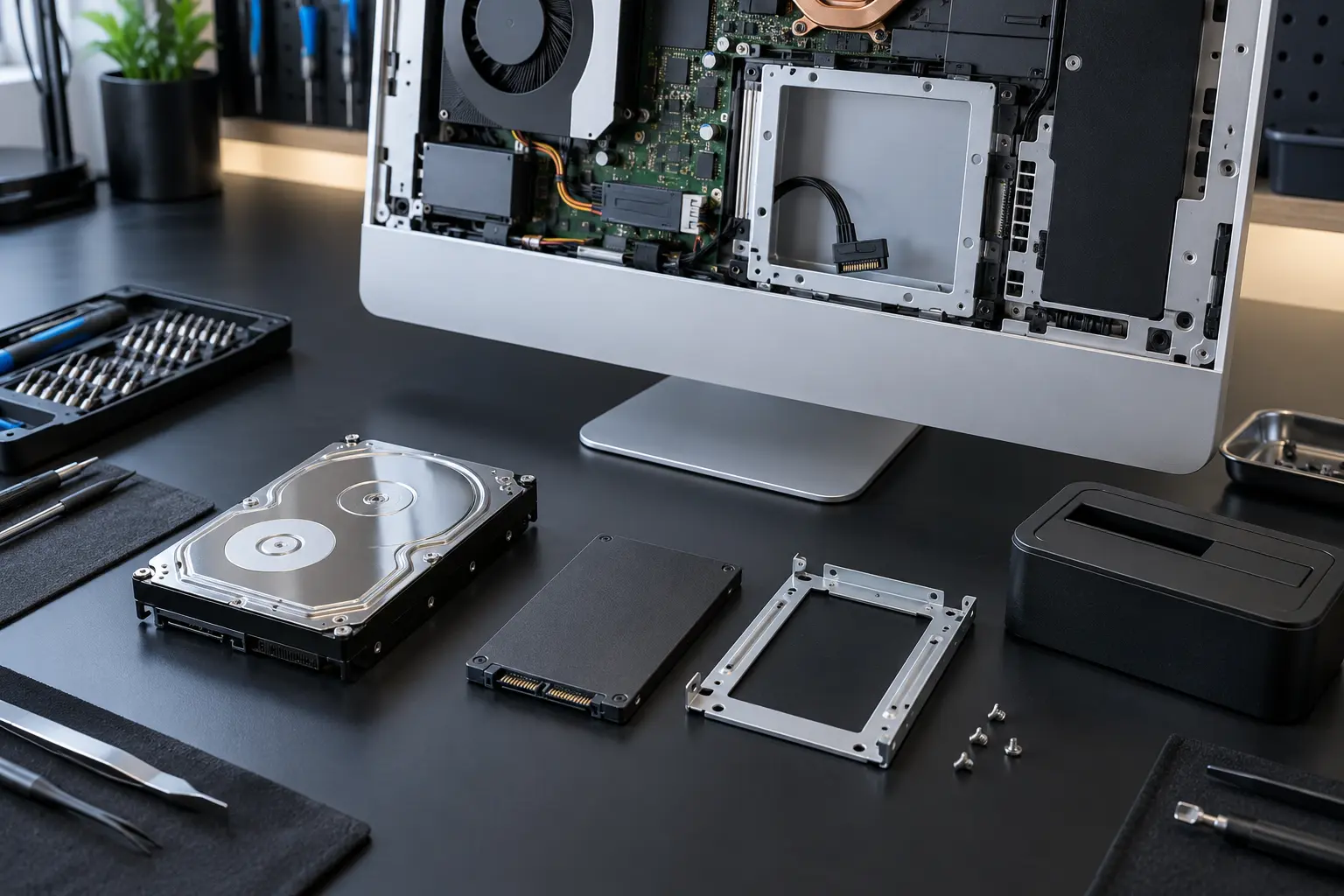 Premium repair workbench scene specifically illustrating iMac SSD Upgrade service in Tampa