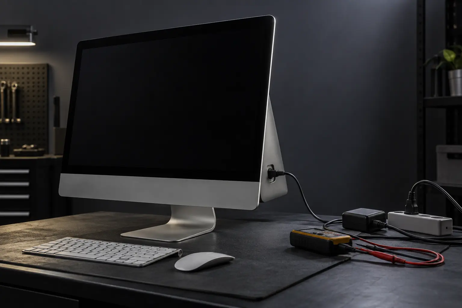 Premium repair workbench scene specifically illustrating iMac Wont Turn On service in Tampa