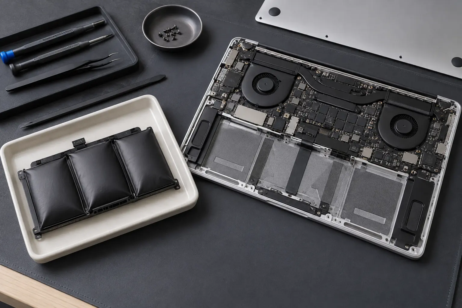 Diagnostic scene illustrating MacBook battery service recommended guidance