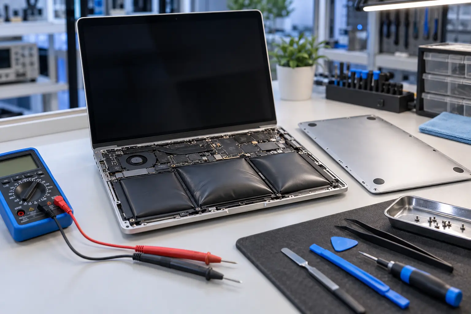 Premium repair workbench scene specifically illustrating MacBook Battery Service Recommended service in Tampa