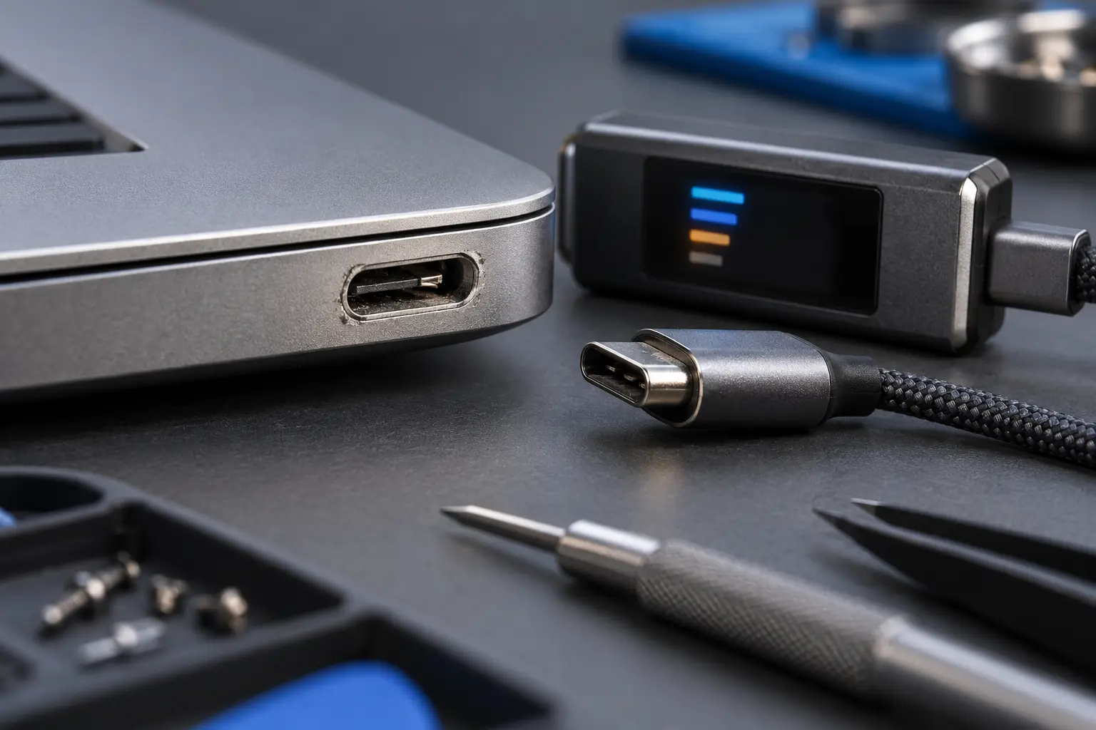 MacBook charging port inspected with a USB-C power meter