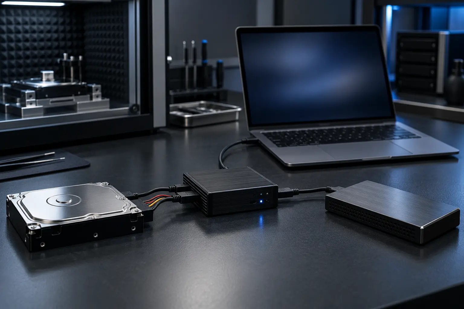 Controlled MacBook data recovery workstation with external storage