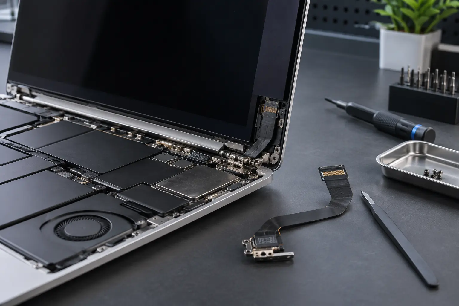 Premium repair workbench scene specifically illustrating MacBook Display Flex Cable Repair service in Tampa