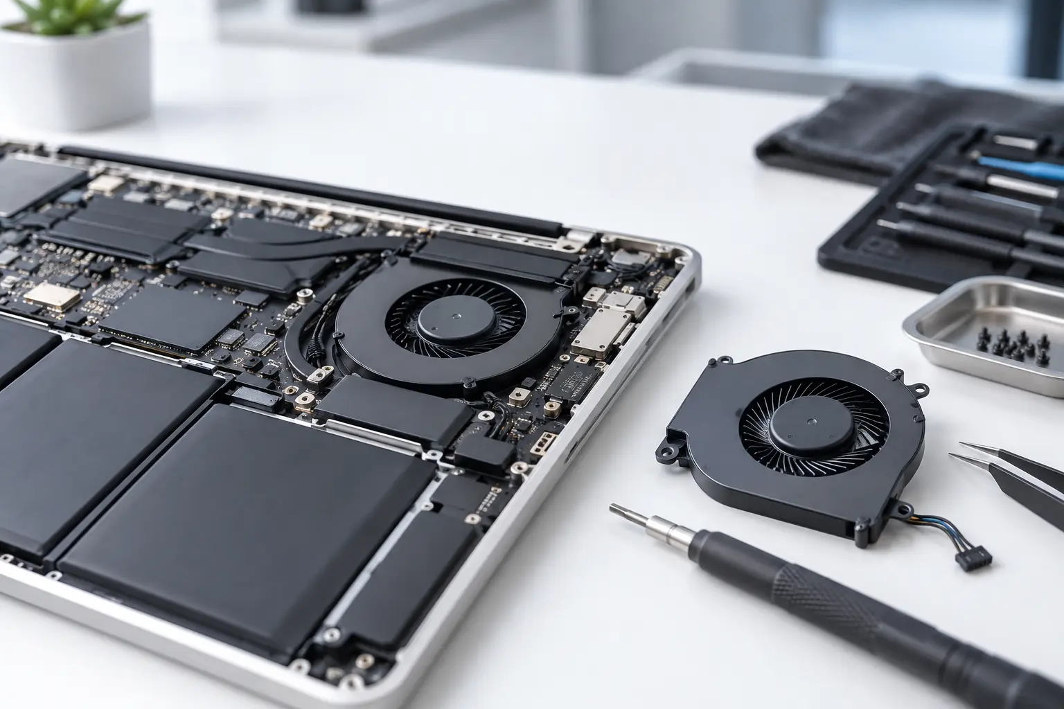 Premium repair workbench scene specifically illustrating MacBook Fan Replacement service in Tampa