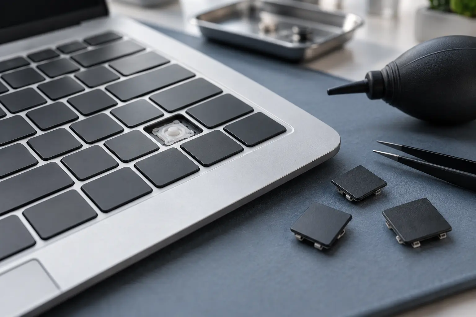 Premium repair workbench scene specifically illustrating MacBook Keyboard Keys Not Working service in Tampa