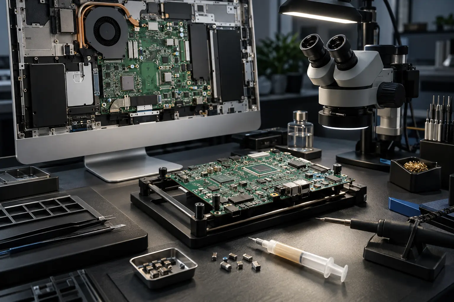Premium repair workbench scene specifically illustrating MacBook Logic Board Repair service in Tampa