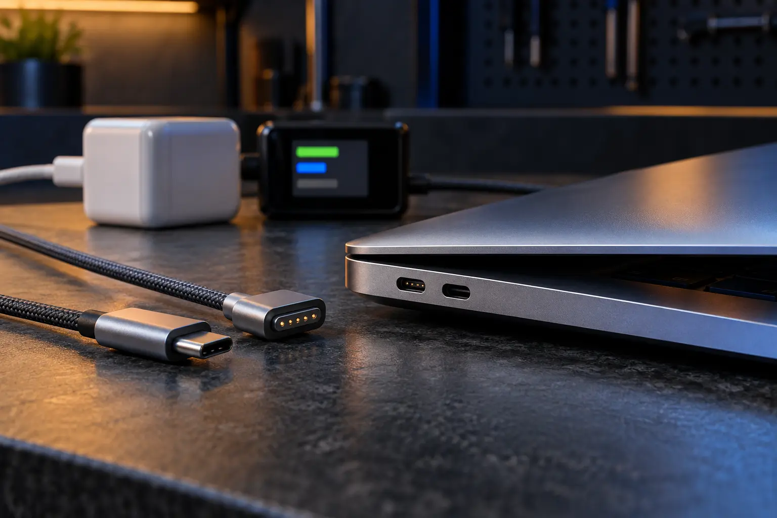 Diagnostic scene illustrating MacBook not charging USB c magsafe guidance