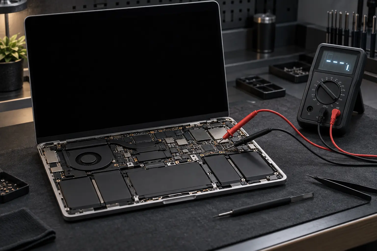 Black-screen MacBook undergoing power-rail voltage diagnosis