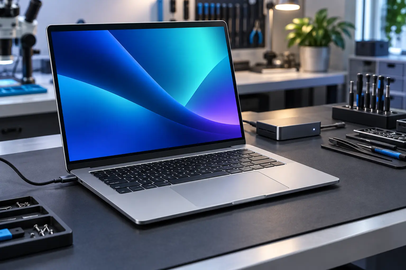 Repaired MacBook completing a final power-on bench test
