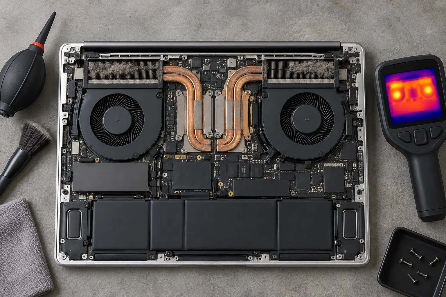 Diagnostic scene illustrating MacBook overheating fan noise guidance