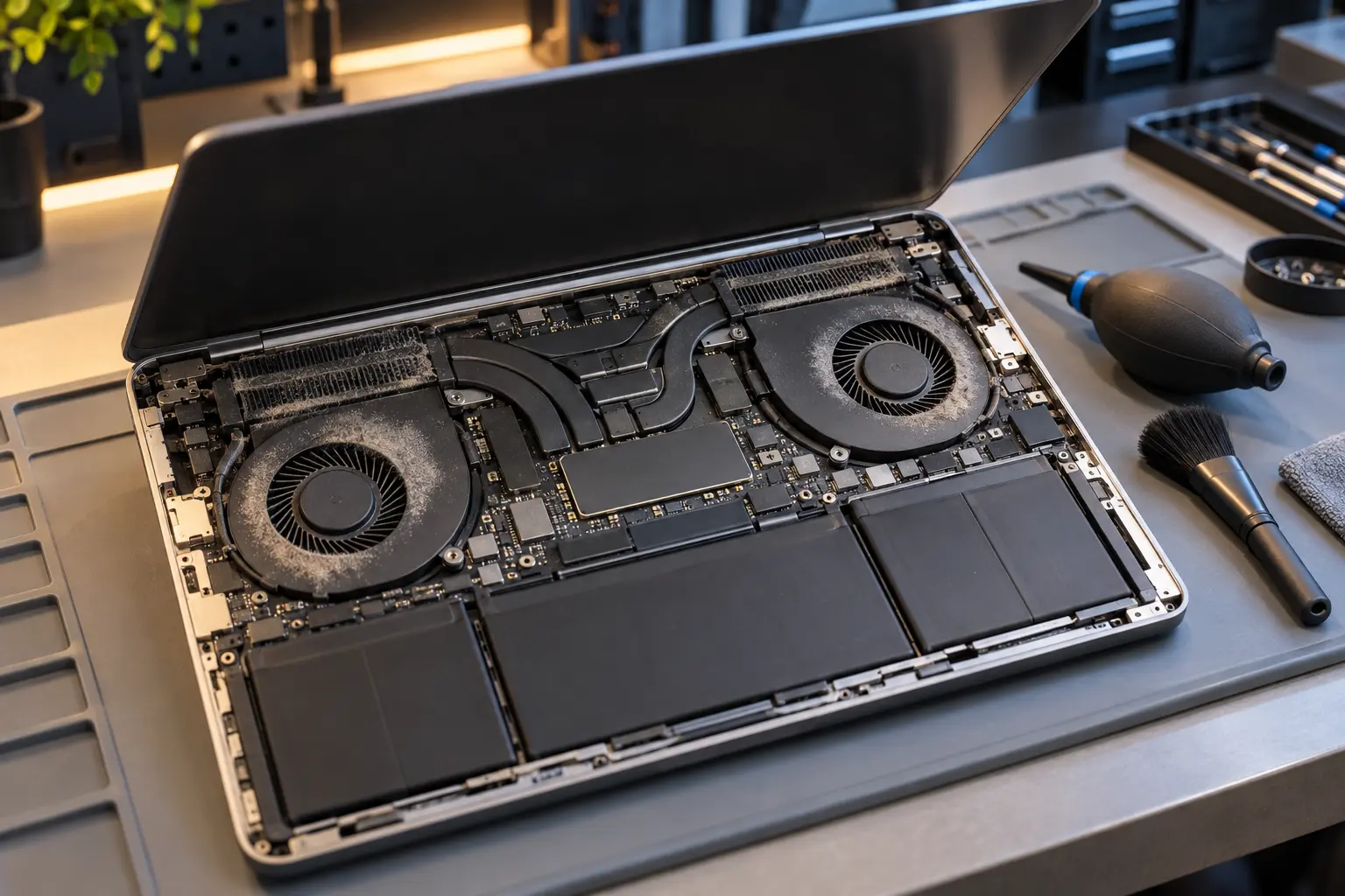 Premium repair workbench scene specifically illustrating MacBook Overheating Fan Noise service in Tampa