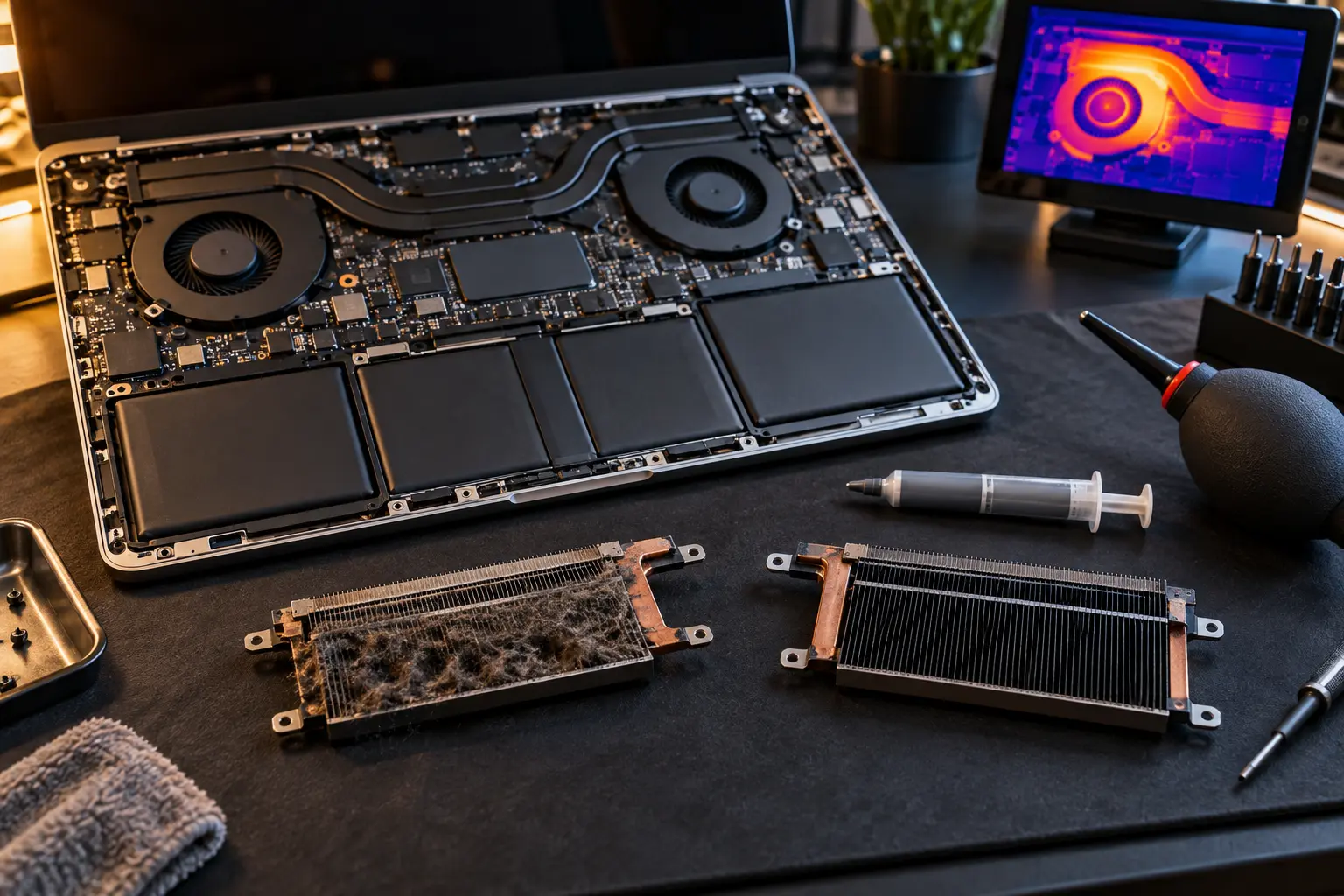 Premium repair workbench scene specifically illustrating MacBook Overheating Repair service in Tampa