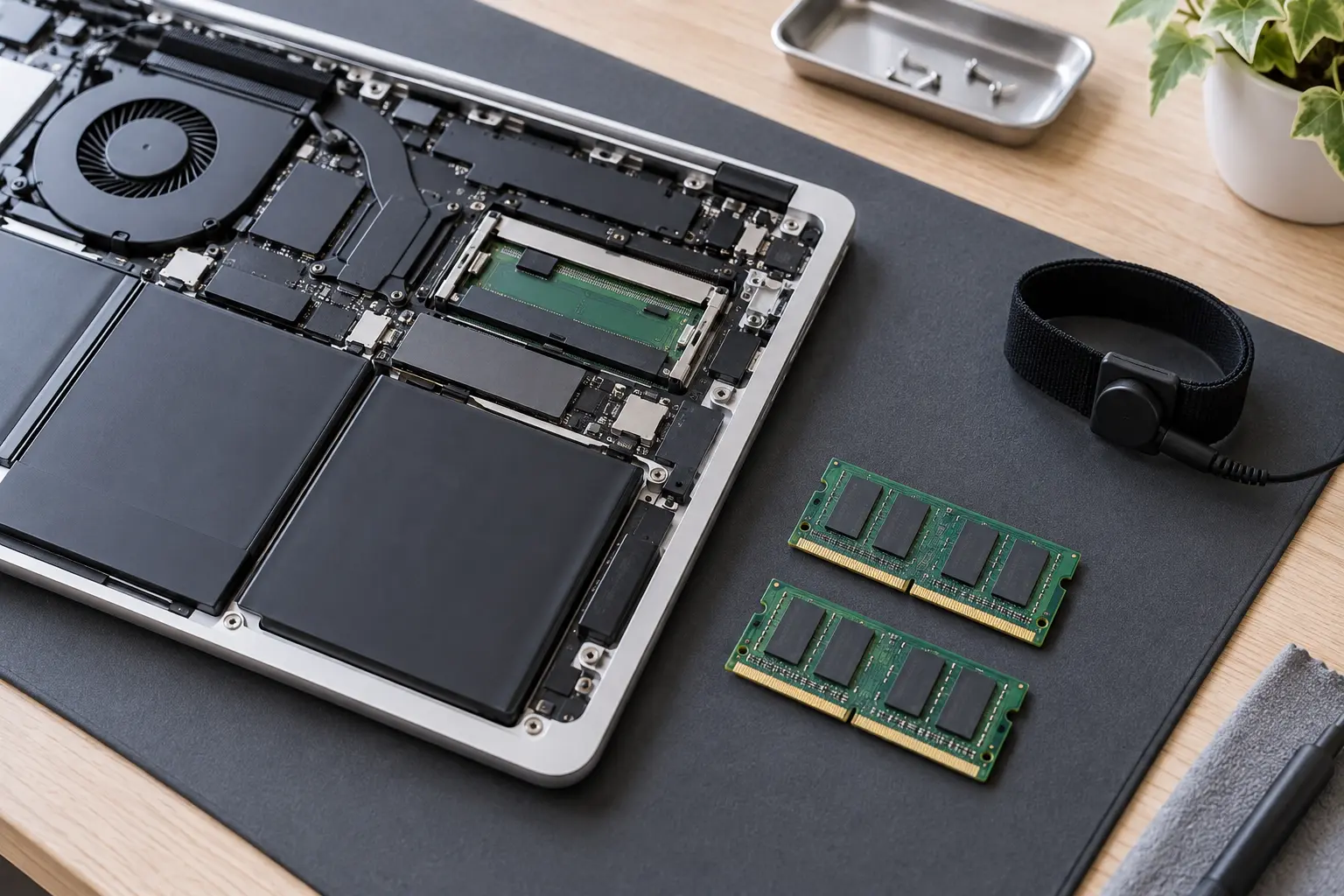 Premium repair workbench scene specifically illustrating MacBook RAM Upgrade service in Tampa