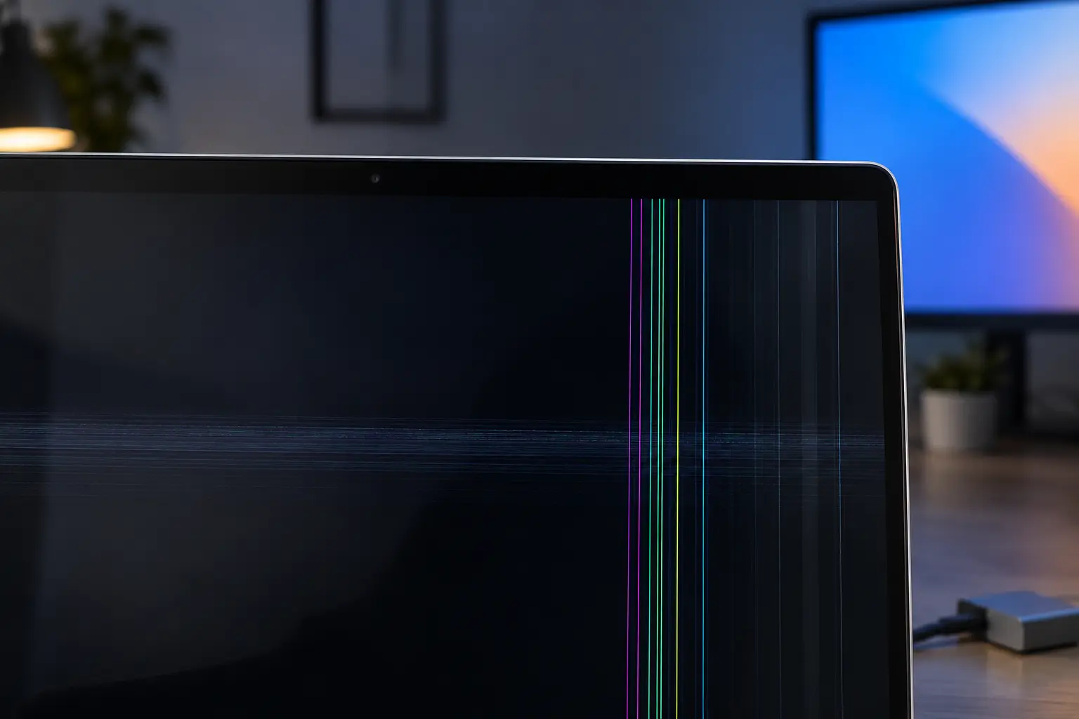 Diagnostic scene illustrating MacBook screen lines flicker black guidance