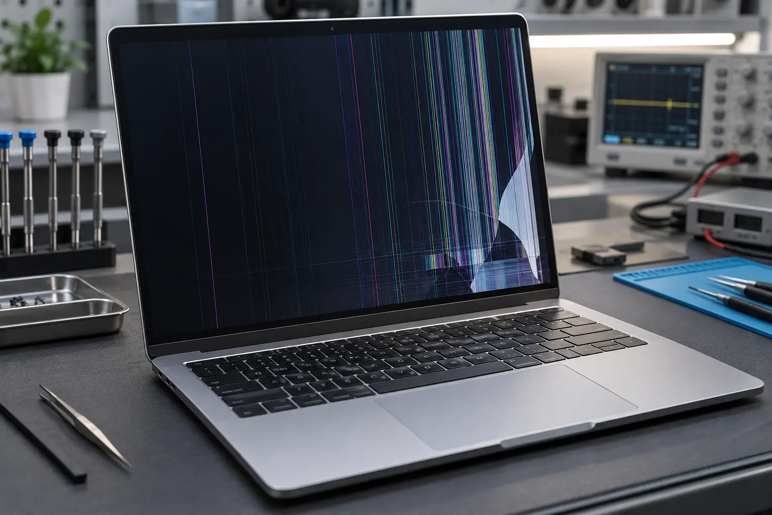 Damaged MacBook display inspected for lines and image faults