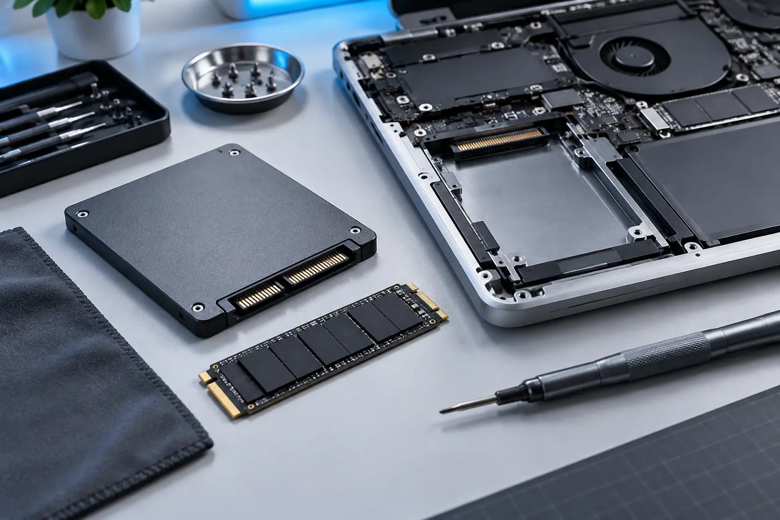 Premium repair workbench scene specifically illustrating MacBook SSD Upgrade service in Tampa