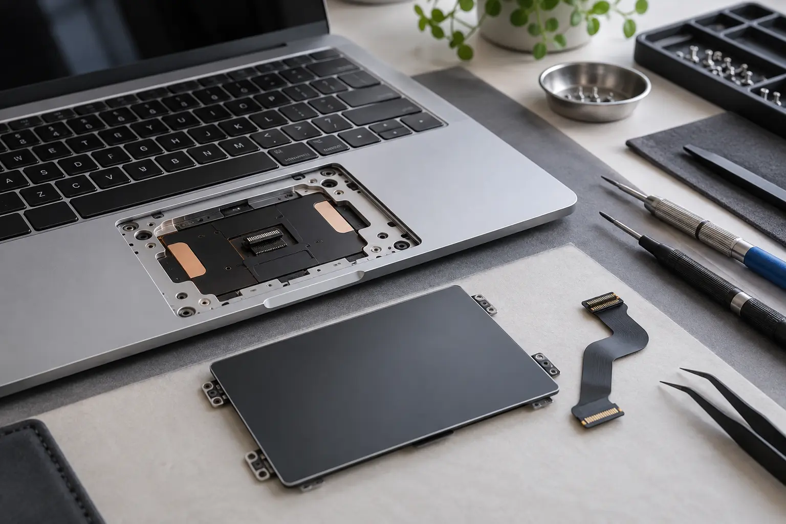 Premium repair workbench scene specifically illustrating MacBook Trackpad Repair service in Tampa