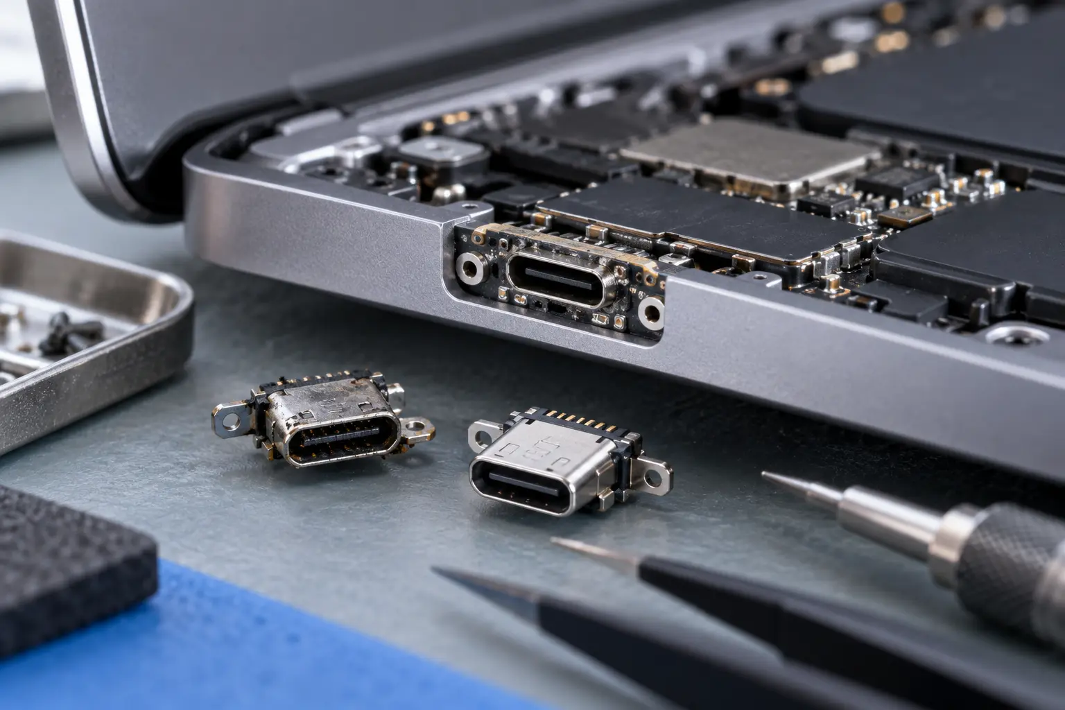 Premium repair workbench scene specifically illustrating MacBook USB-C Port Repair service in Tampa