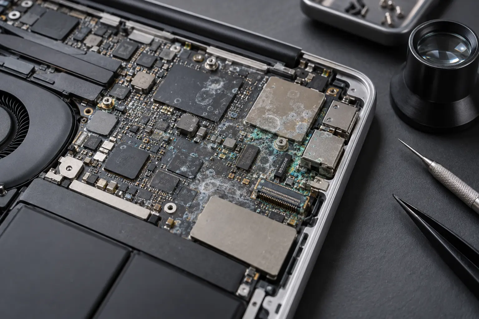 Liquid residue and corrosion inspected on a MacBook logic board