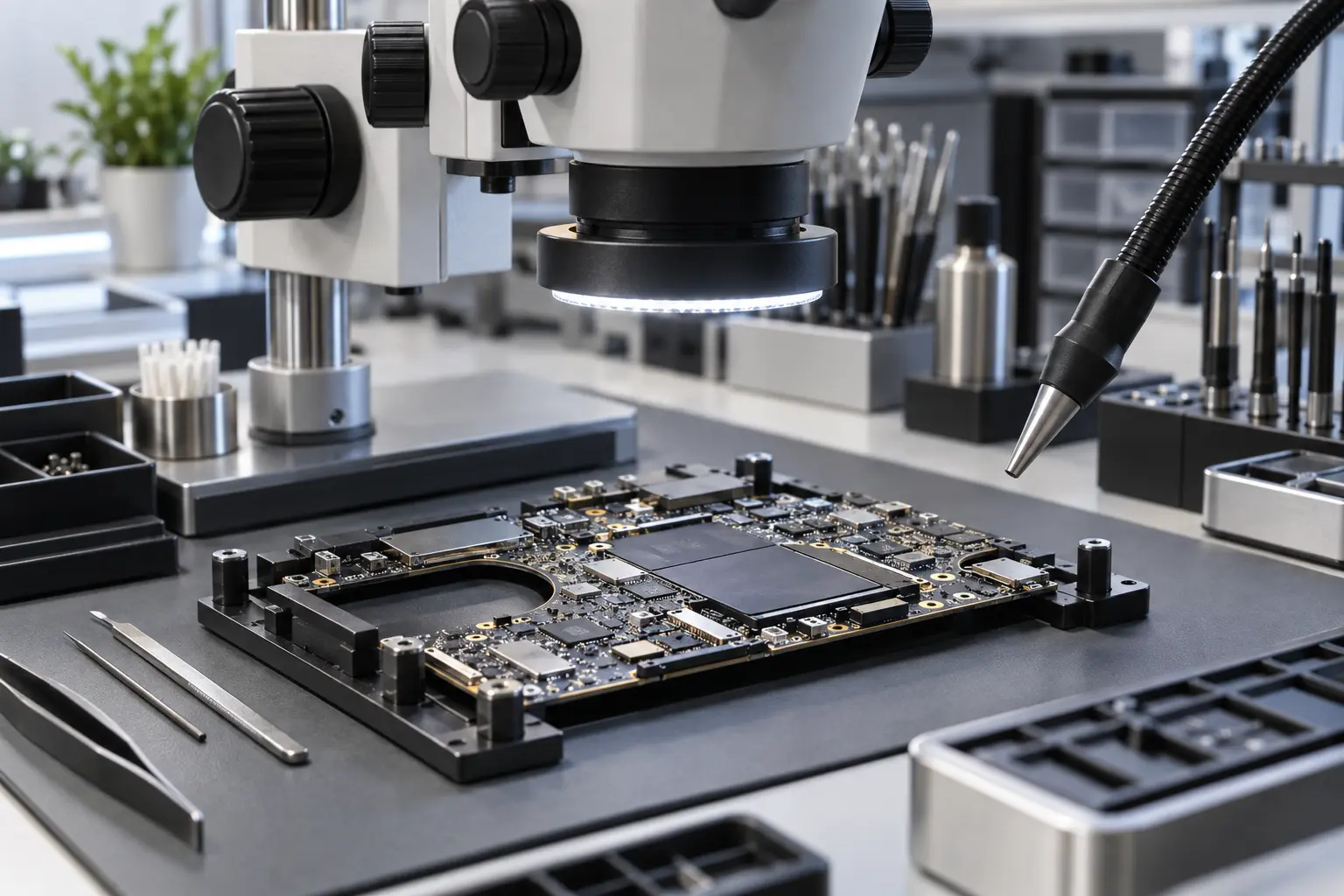 Cleaned MacBook logic board prepared for post-repair verification