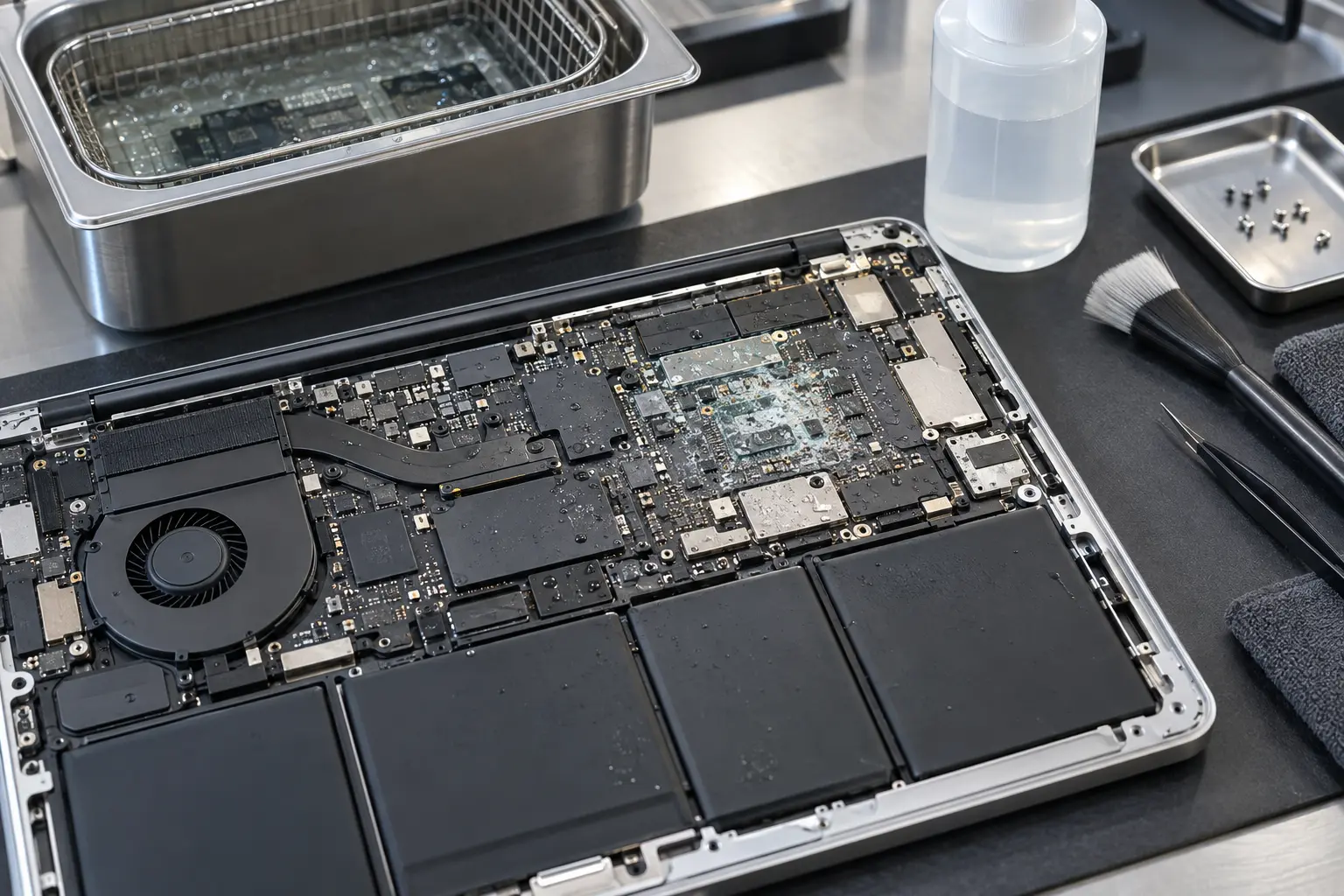 Premium repair workbench scene specifically illustrating MacBook Water Damage Repair service in Tampa